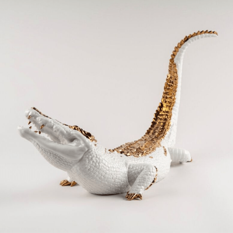 Lladro Inspiration Crocodile Figurine. White and Copper