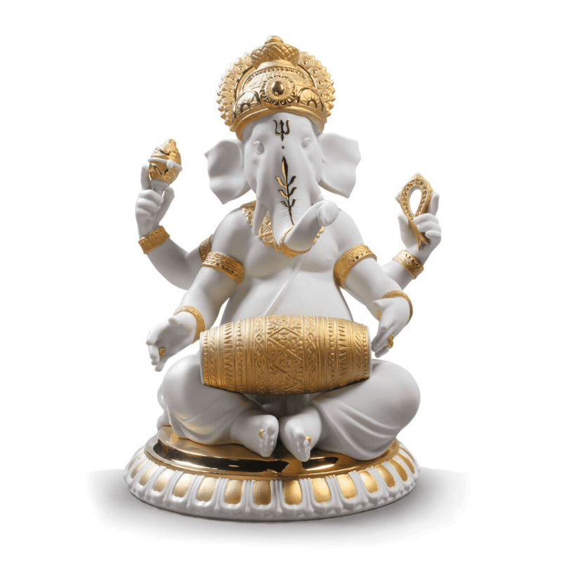 Lladro Inspiration Mridangam Ganesha. Golden Lustre