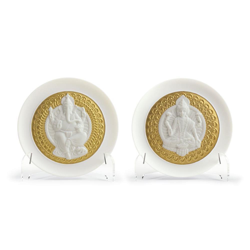 Lladro Inspiration Default Goddes Lakshmi and Lord Ganesha Decorative Plates Set. Golden Lustre