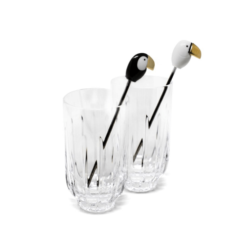 Lladro Inspiration Toucan 2 Tall Crystal Glasses and Stirrers Set. Golden Lustre