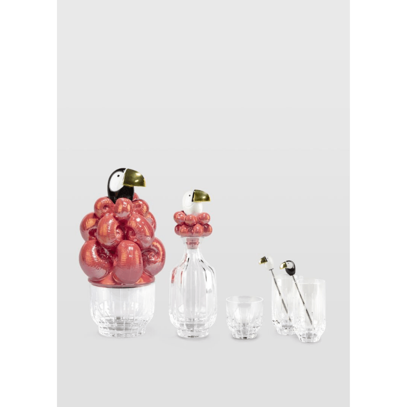 Lladro Inspiration Toucan 2 Tall Crystal Glasses and Stirrers Set. Golden Lustre