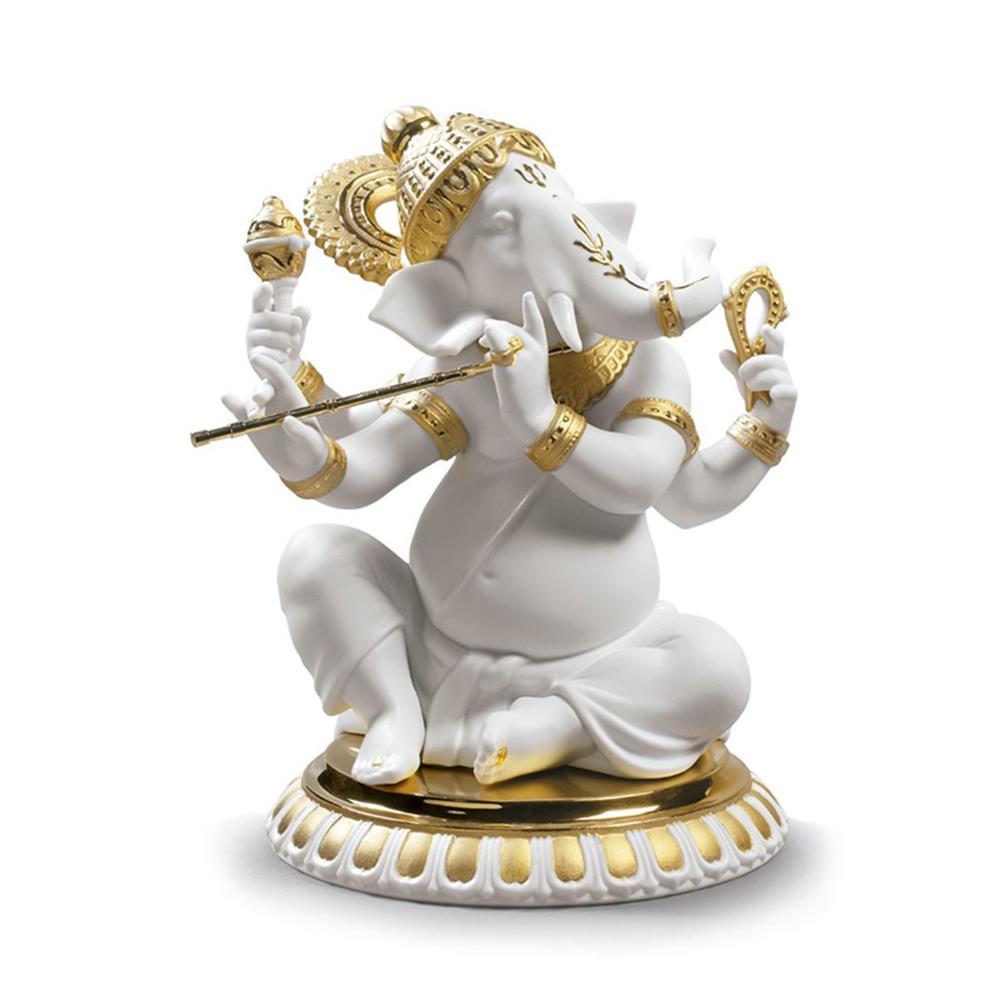 Lladro Unclassified Default Bansuri Ganesha Figurine. Golden Lustre
